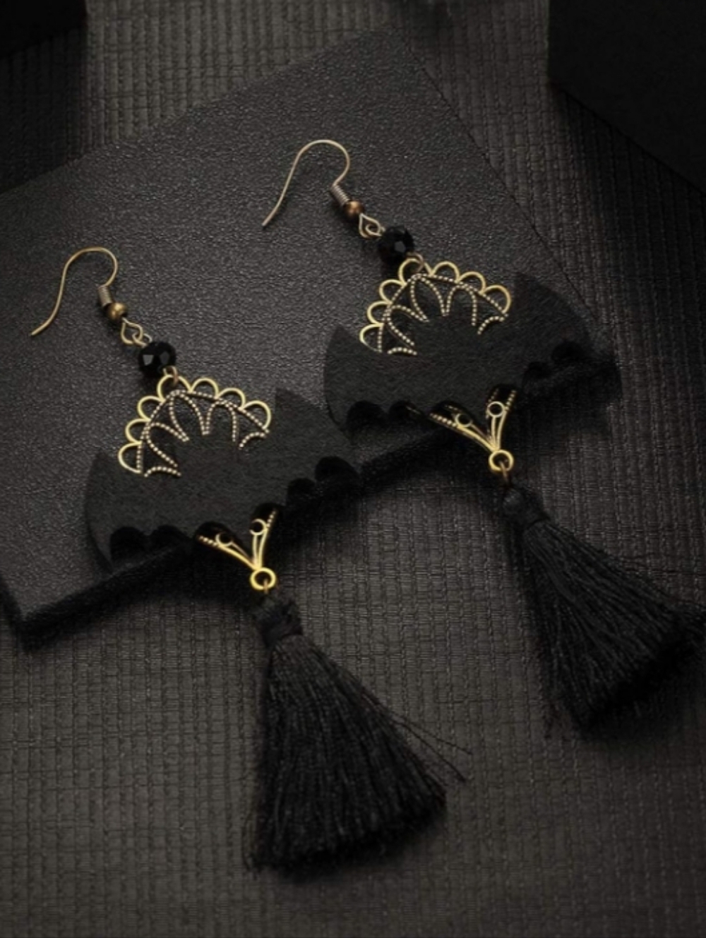 Bronze French Wire Black Bat Tassel Drop Earrings NWT - Picture 3 of 5